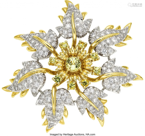 55184: Diamond, Yellow Sapphire, Platinum, Gold Brooch,