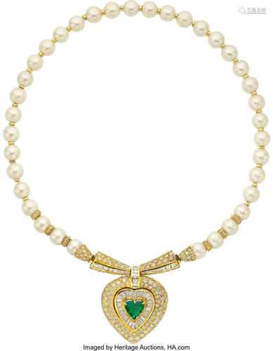 55234: Diamond, Emerald, Cultured Pearl, Gold Necklace