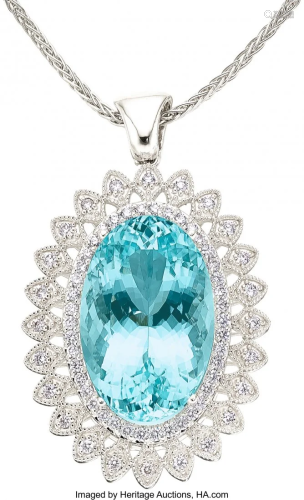 55169: Aquamarine, Diamond, White Gold Pendant-Necklace