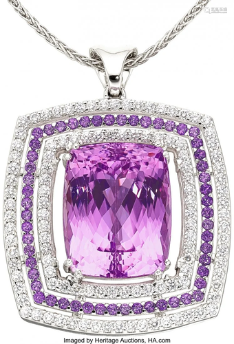 55144: Kunzite, Amethyst, Diamond, White Gold Pendant-N