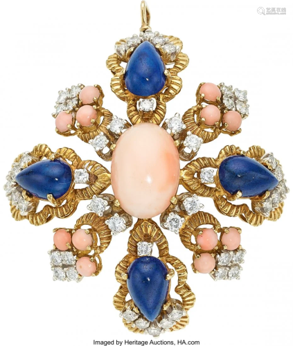 55142: Coral, Lapis Lazuli, Diamond, Gold Pendant-Brooc