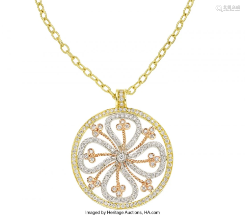 55088: Diamond, Gold Pendant-Necklace The medallion fe