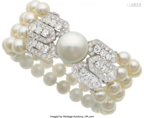 55209: Cultured Pearl, Diamond, White Gold Bracelet, Em