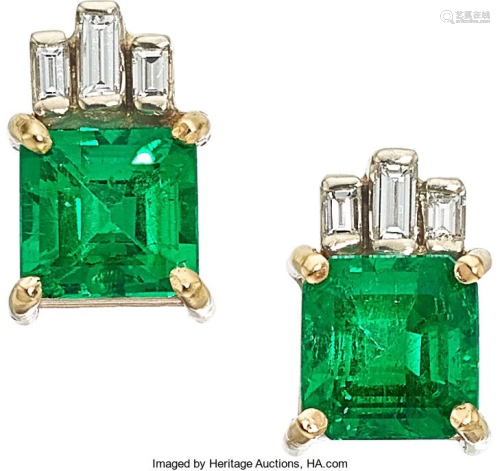55170: Colombian Emerald, Diamond, Gold Earrings The e