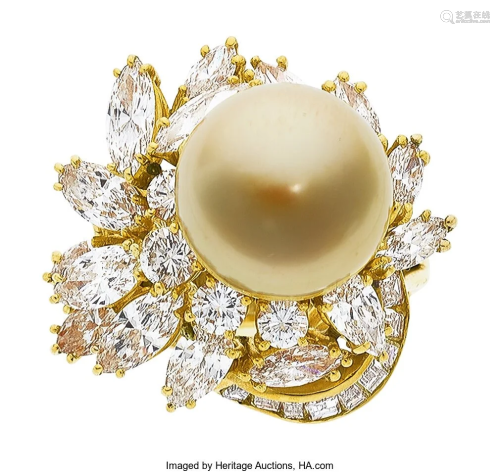55056: South Sea Cultured Pearl, Diamond, Gold Ring Th