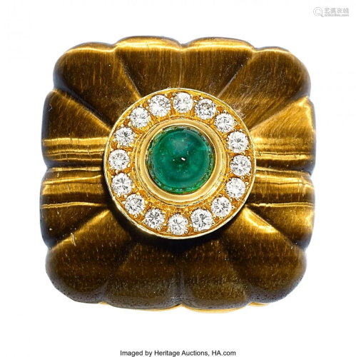 55020: Emerald, Diamond, Tiger's-Eye Quartz, Gold Ring,