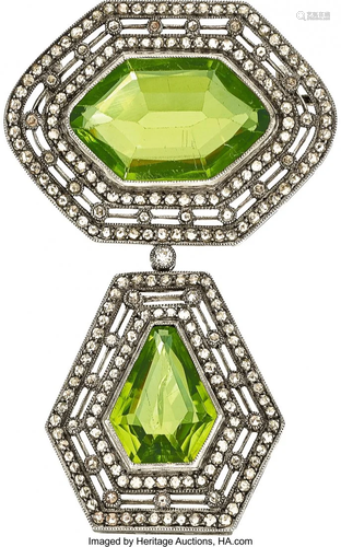 55096: Diamond, Peridot, Silver-Topped Gold Brooch The