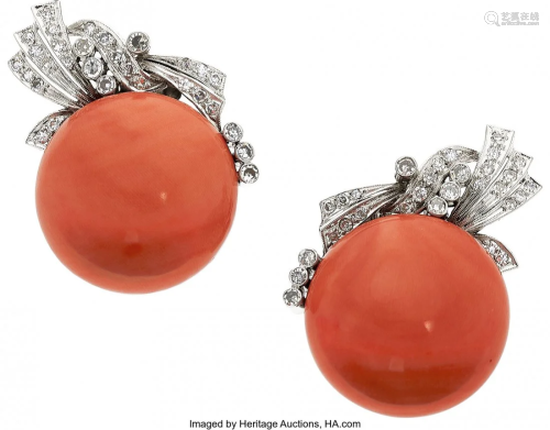 55210: Coral, Diamond, Palladium, White Gold Earrings