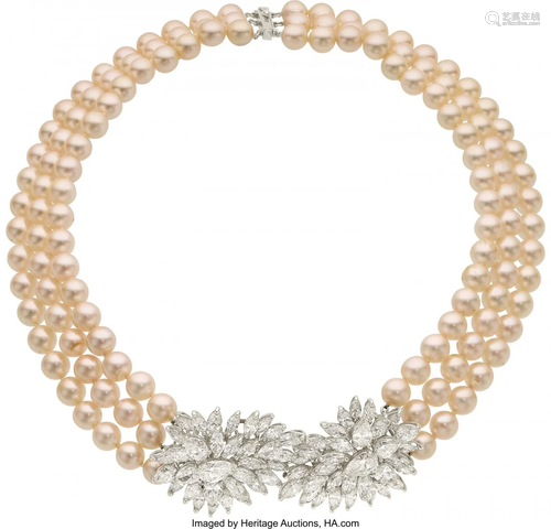 55229: Diamond, Cultured Pearl, Platinum Necklace, Linz