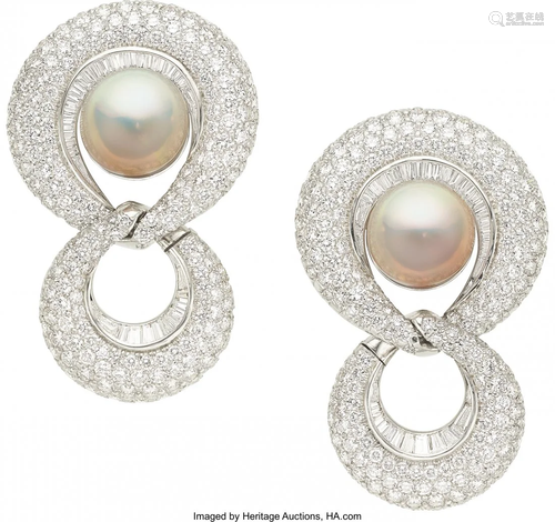 55233: Mabe Pearl, Diamond, Platinum Earrings, Levering