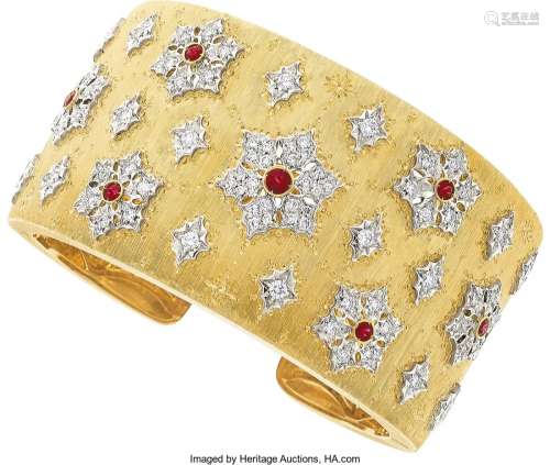 55073: Ruby, Diamond, Gold Bracelet The hand-engraved