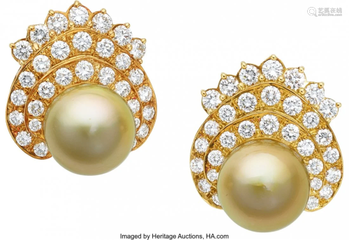 55339: South Sea Cultured Pearl, Diamond, Gold Earrings