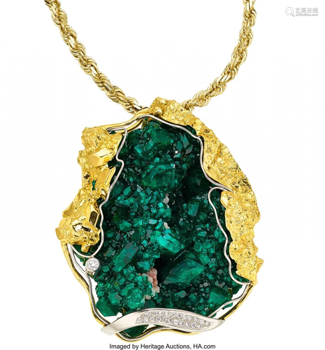 55230: Dioptase, Diamond, Gold Pendant-Necklace The pe