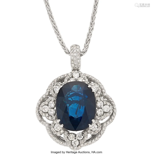 55361: Sapphire, Diamond, White Gold Pendant-Necklace