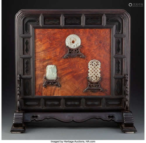 67204: A Chinese Burl Wood Table Screen Inlaid with Jad