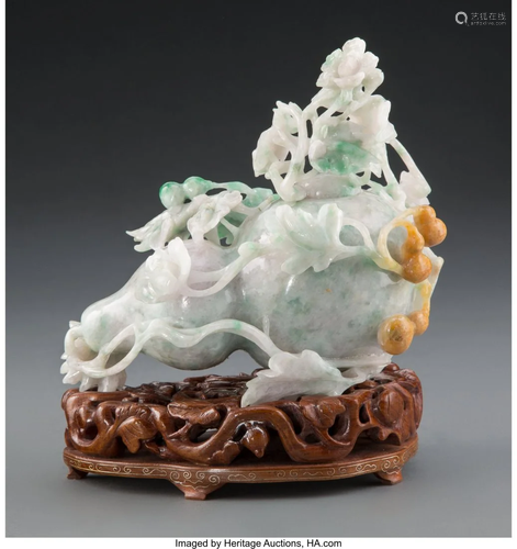 67063: A Chinese Carved Moss-in-Snow Jadeite Double Gou