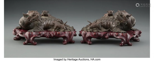 67173: A Pair of Chinese Bronze Lions 3 x 8-3/4 x 5-3/4