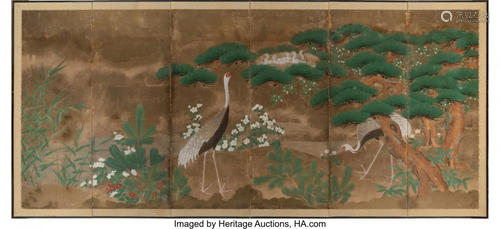 67349: Japanese School Cranes and Pines, Edo Period S