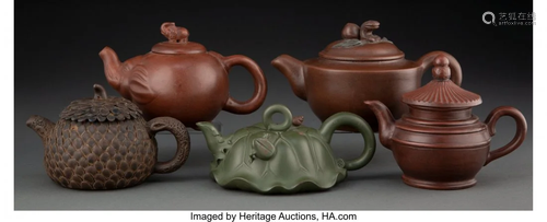 67169: Five Chinese Yixing Pottery Teapots Marks: (vari