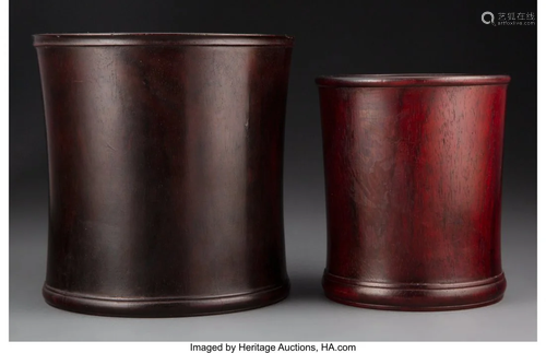 67218: Two Chinese Hardwood Brush Pots 6-1/8 x 6-1/8 in