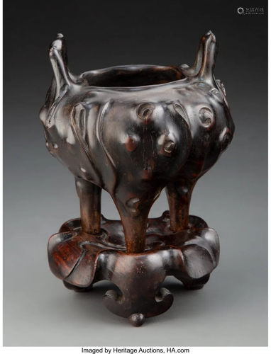 67213: A Chinese Carved Zitan Censer on Stand 9 x 4-1/2