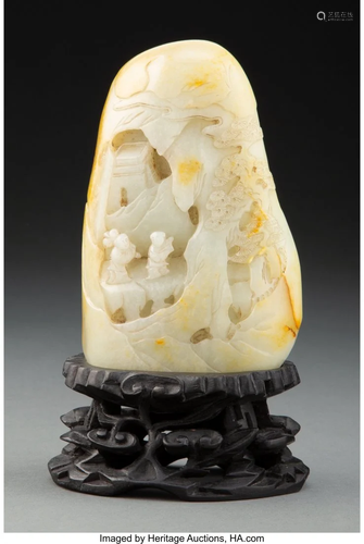 67054: A Chinese Carved Pale Celadon and Russet Jade Mo