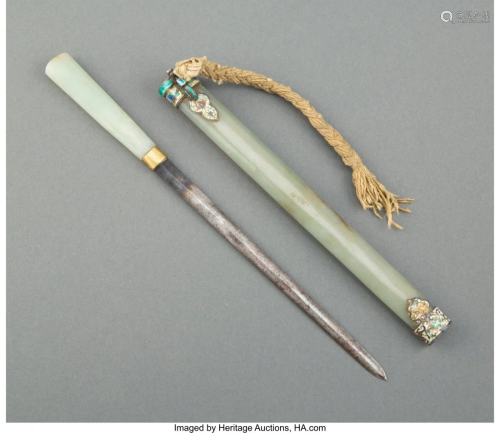 67024: A Chinese Pale Celadon Jade and Metal Dagger in