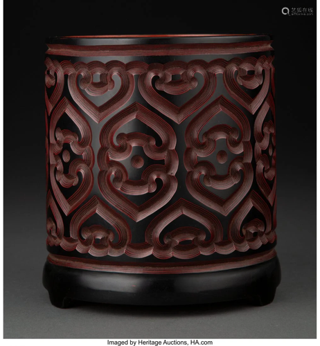 67214: A Chinese Carved Tixi Lacquer Brush Pot Marks: T