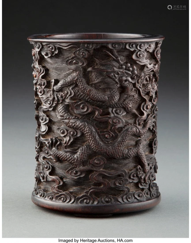 67210: A Chinese Carved Zitan Dragon Brush Pot 5-1/4 x