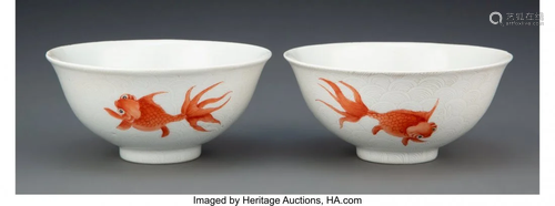 67164: A Pair of Chinese Porcelain Bowls with Gold Fish