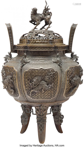 67375: A Japanese Reticulated Bronze Censer with Molded