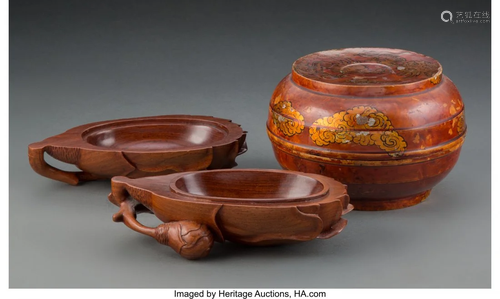 67225: Two Chinese Carved Hard Wood Covered Boxes 4-1/8