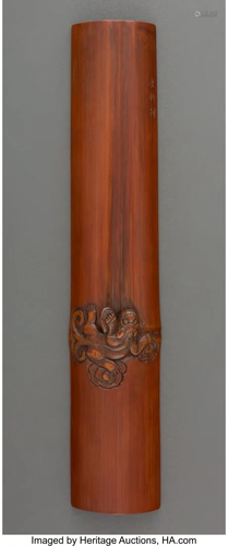 67232: A Chinese Carved Bamboo Armrest Marks: three-cha