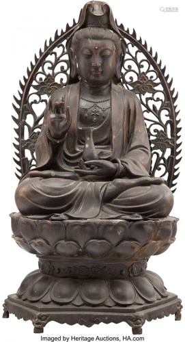 67182: A Large Copper Alloy Figure of a Seated Guanyin