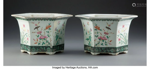 67146: A Pair of Chinese Hexagonal Enamel Porcelain Pla