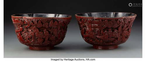 67230: A Pair of Chinese Carved Lacquer Lobed Bowls, Qi