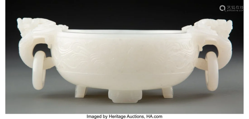 67043: A Chinese Carved White Jade Bowl with Ring Handl