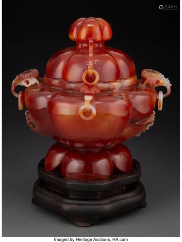 67077: A Chinese Carved Agate Censer 9-3/4 x 10 x 9-1/2