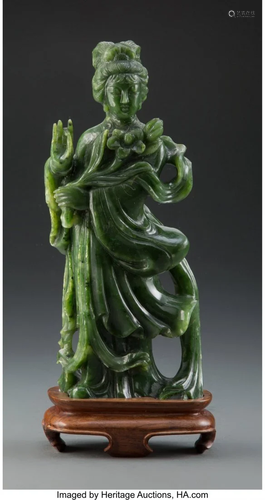 67046: A Chinese Spinach Jade Figure of a Beauty 11-1/2