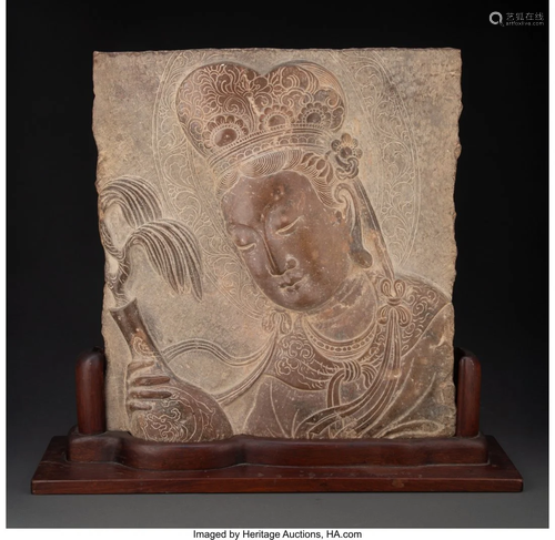 67264: A Chinese Carved Stone Quanyin Relief Plaque 16-