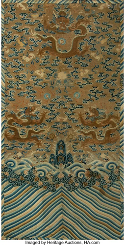 67269: A Chinese Tan Ground Silk Dragon Robe Panel, Qin