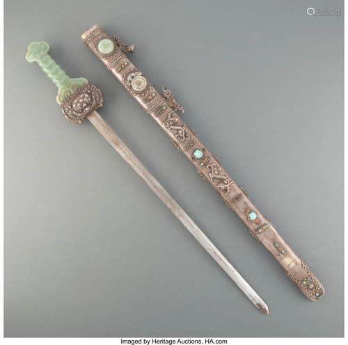 67266: An Asian Mogul Sword with Jade Hilt and Metal Sc