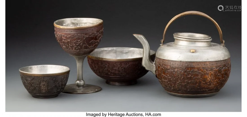 67272: A Chinese Coconut and Pewter Teapot with Cup and