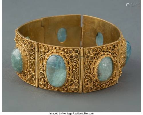 67262: A Chinese Filigree Gilt Metal and Aquamarine Inl