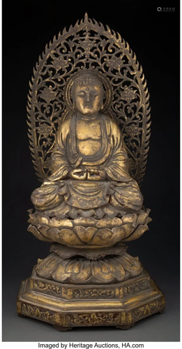 67324: A Sino-Tibetan Giltwood Seated Buddha 24 x 11 in