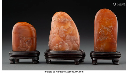 67073: Three Carved Tianhuang Stones with Fitted Wood S