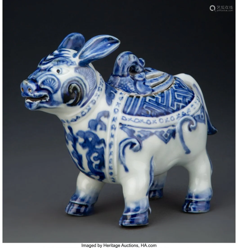 67367: A Japanese Blue and White Ox-Form Censer Marks: