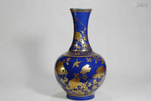 Chinese Qing Dynasty Guangxu Period Blue Glaze Gold Painted Porcelain Bottle