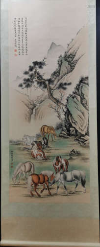 Chinese Ma Jin And Wu Hufan'S  Cooperation Painting Of Horse On Silk