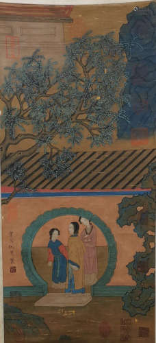 Chinese Chou Ying'S Painting Of Lady On Silk